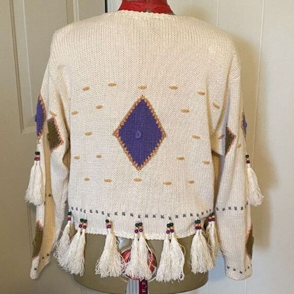Boho Beaded Fringe Scoop Neck Sweater/Cardigan Women Size M - Picture 3 of 7